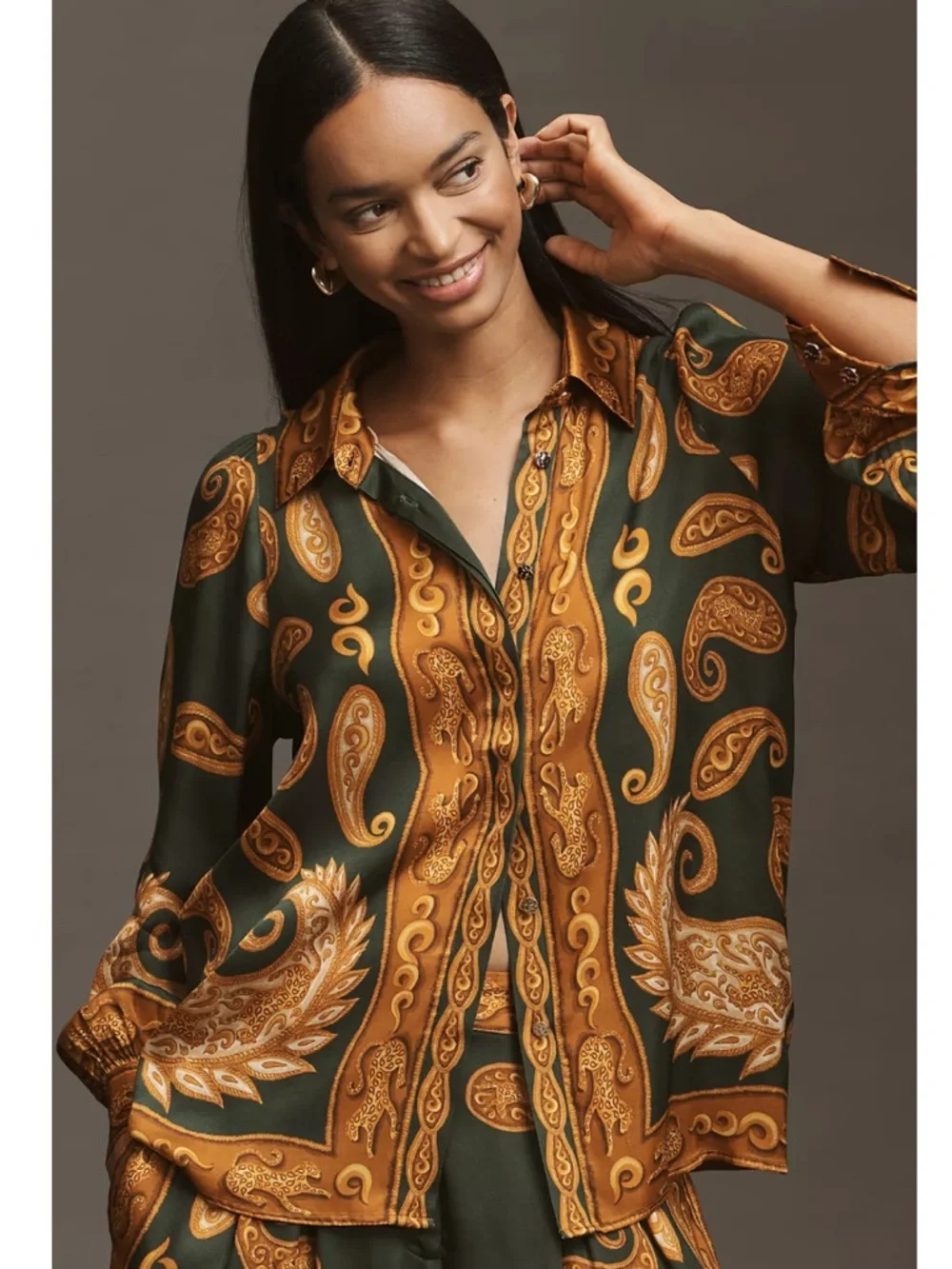 FARM Rio x Anthropologie Gold and Green Paisley Silk Blouse Size XXS NWT